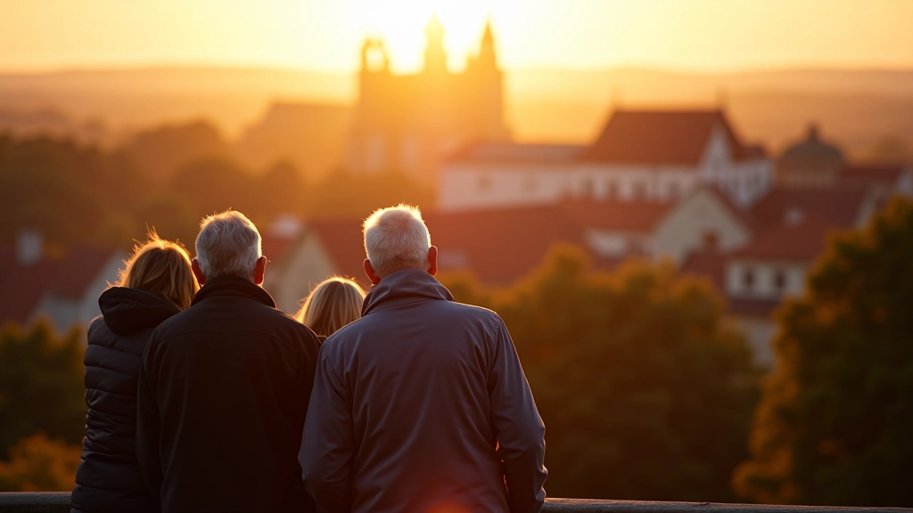 Senjorų grupė žiūri į Vilniaus senamiesčio vaizdą