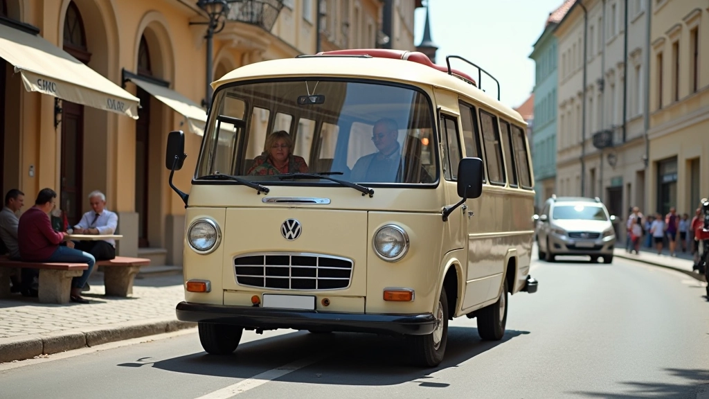 Autobuso vairuotojas mažo turisto autobuso, kuris stovinčio prie bažnyčios apžiūros metu