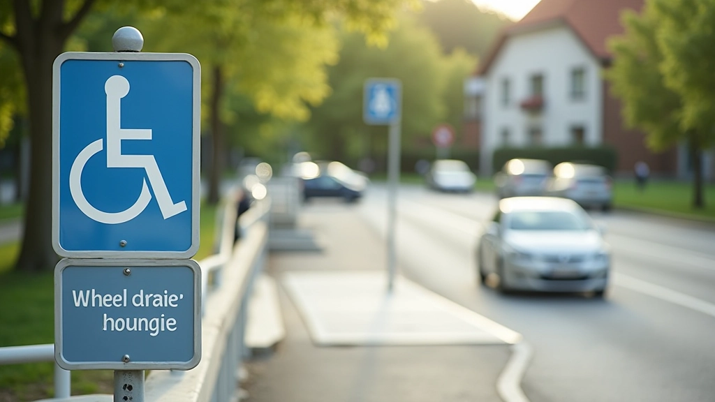 Neįgaliųjų važiavimo vieta su mėlynais ženklais ir šaligatviu