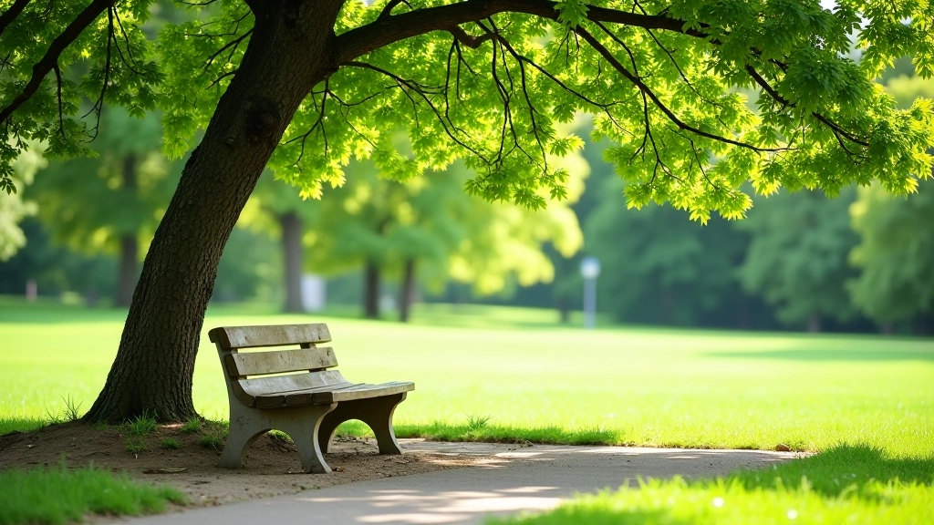 Viešas suolas šalia medžio, parke, saugi vieta poilsiui